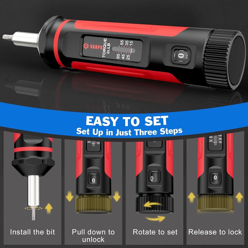 VANPO Torque Screwdriver, 15-65In-lb Torque Screw Driver Wrench Driver Set, 1/4'' Drive Inch Pounds Torque Wrench Screwdriver with 40 S2 Bits for Maintenance, Tools, DIY, Bike Repairing and Mounting - Image 5